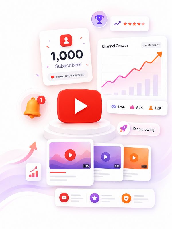 YouTube subscriber growth dashboard with the YouTube logo, subscriber milestone and rising channel analytics
